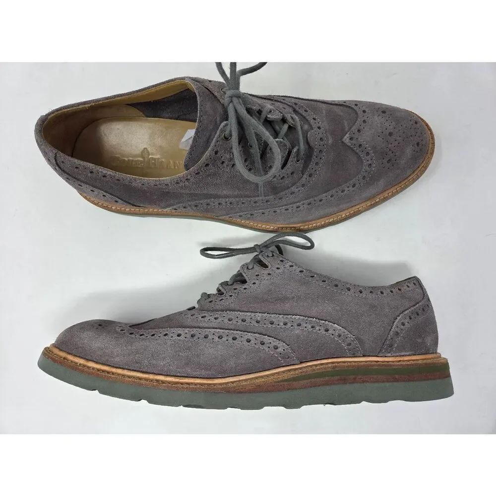 COLE HAAN CHRISTY WEDGE GILLY WINGTIP GRAY GREEN SUEDE OXFORD SHOES 10 VIBRAM